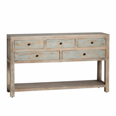 58" White Wash and Distressed Blue Fice Drawer Console Table