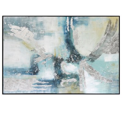 49" x 73" Blue and Silver Abstract Framed Canvas