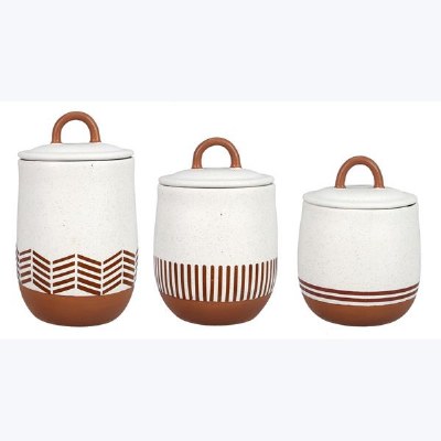 Set of Three White and Terracotta Canisters