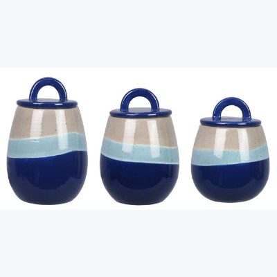 Set of Three Beige and Dark Blue Canisters