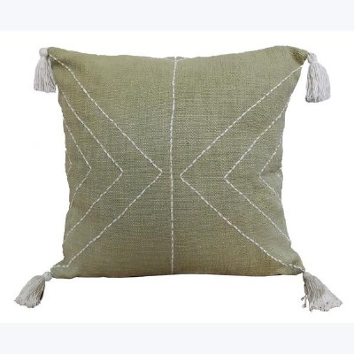 18" Sq Green and White Stitch Decorative Pillow
