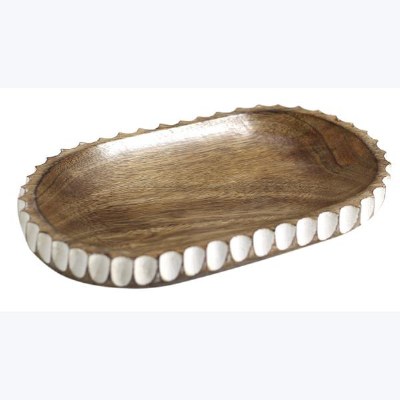 7" x 12" Brown and White Notch Oval Wood Dish