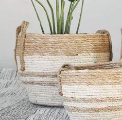 12" Round Natural and Cream Basket With Handles