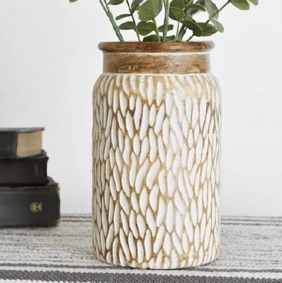 10" White Wash and Brown Notch Wood Vase