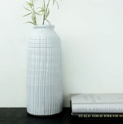 15" White Grid and Lines Ceramic Vase