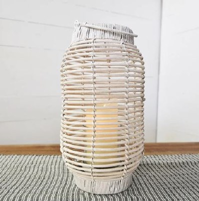 17" White Wash Rattan Lantern