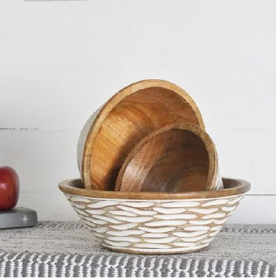 8" White Wash and Brown Wood Notch Bowl