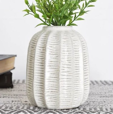 6" White and Gray Ceramic Ribbed Vase