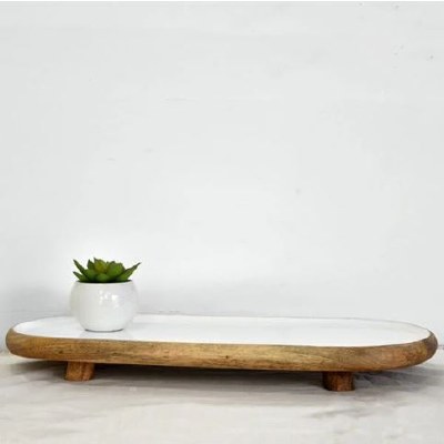 9" x 20" White and Brown Oval Wood Footed Tray