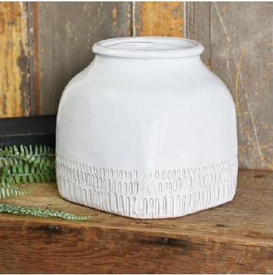 10" Sq White Ceramic Notch Vase