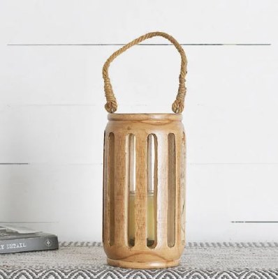 12" Natural Wood Lantern With a Rope Handle