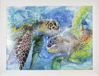 35" x 45" Two Multicolor SeaTurtles Coastal Gel Textured Print in a White Frame