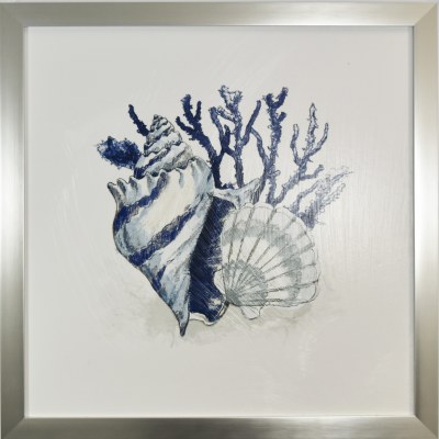 29" Sq Blue Scallop Shell and Coral Coastal Gel Textured Print in a Silver Frame