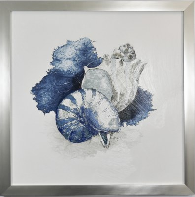 29" Sq Blue Nautilus and Coral Coastal Gel Textured Print in a Silver Frame