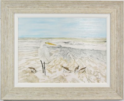 25" x 31" Egret and Sandpipers on the Beach Coastal Gel Textured Print in a Sand Frame