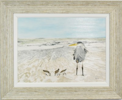 25" x 31" Heron and Sandpipers on the Beach Coastal Gel Textured Print in a Sand Frame
