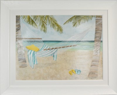 34" x 42" Hammock on the Beach Coastal Gel Textured Print in a White Frame