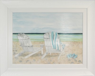 34" x 42" Two Chairs on the Beach Coastal Gel Textured Print in a White Frame