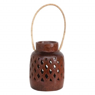 8" Terracotta Ceramic Lantern With a Rattan Handle