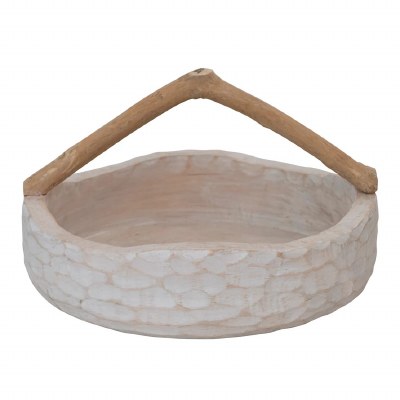 13" Round White and Natural Bowl With Branch Handles
