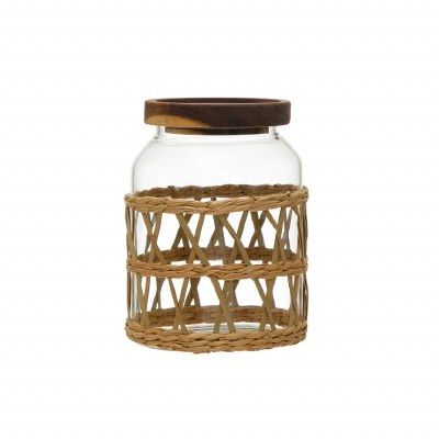 42 Oz Clear Glass Canister With a Wood Lid and Woven Wrap