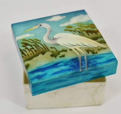 3" Square White Egret Capiz Box