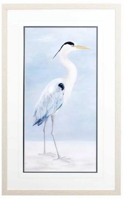 31" x 19" Blue Heron With Head Up Coastal Whitewash Framed Print Under Glass