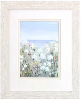 11" x 9" White Flowers in a "V" Shape Coastal White Wash Framed Print Under Glass