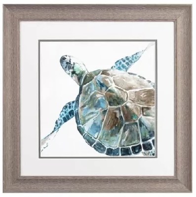 19" Sq Sea Turtle With Fin Twisted Coastal Framed Print Under Glass