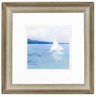 13" Sq Sailboat Up Close Distressed Silver Framed Coastal Print Under Glass