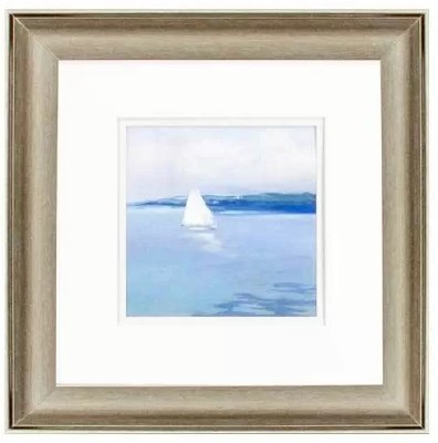 13" Sq Sailboat Far in the Distance Coastal Distressed Silver Framed Print Under Glass