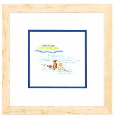 11" Sq Blue Umbrella and Dogs on the Beach Coastal Framed Print Under Glass