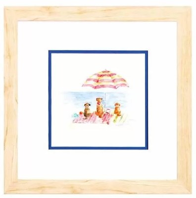 11" Sq Red Umbrella and Dogs on the Beach Coastal Framed Print Under Glass