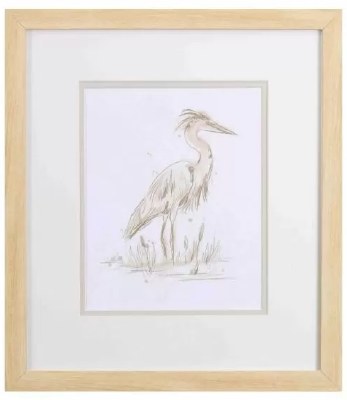 16" x 14" Taupe Heron With Head Down Coastal Framed Print Under Glass