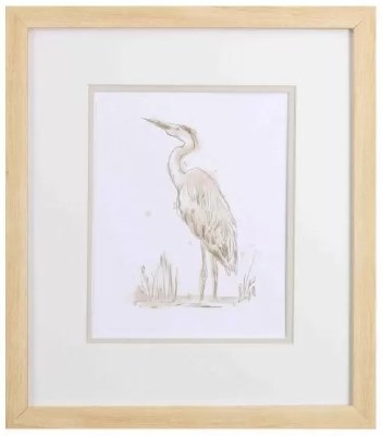 16" x 14" Taupe Heron With Head Up Coastal Framed Print Under Glass