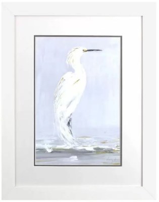 27" x 21" White Egret With Black Legs Coastal White Wash Framed Print Under Glass