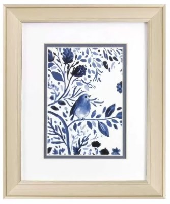 12" x 10" Blue Bird With Tail Above the Branch Champagne Framed Print Under Glass