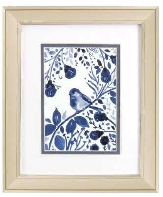 12" x 10" Blue Bird With Tail Below the Branch Champagne Framed Print Under Glass