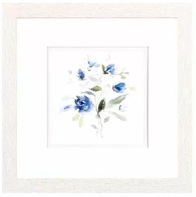 11" Sq Four Blue Flowers White Wash Framed Print Under Glass