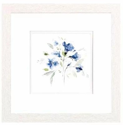 11" Sq Five Blue Flowers White Wash Framed Print Under Glass