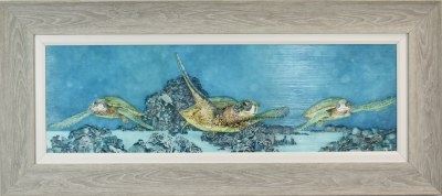 19" x 43" Sea Turtles Under the Sea Coastal Gel Textured Print in a Gray Wash Frame