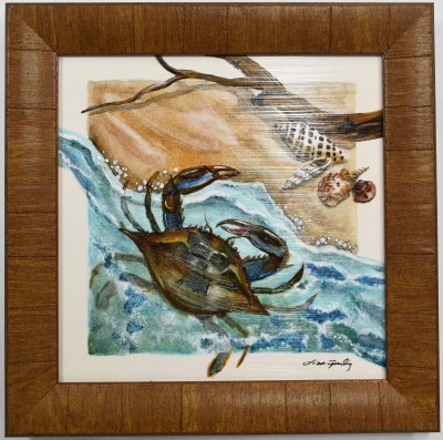 15" Sq Brown Crab Coastal Gel Textured Print in a Brown Frame