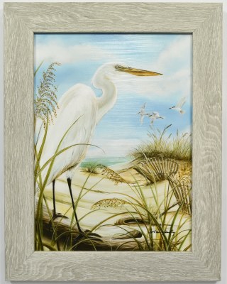 18" x 14" White Heron on the Beach Coastal Gel Textured Print in a Gray Wash Frame