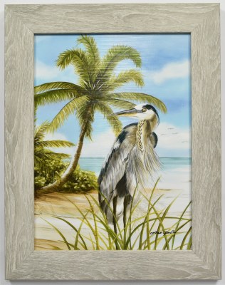 18" x 14" Blue Heron on the Beach Coastal Gel Textured Print in a Gray Wash Frame