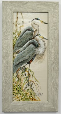 20" x 10" Two Blue Herons Coastal Gel Textured Print in a Gray Wash Frame by Art LaMay