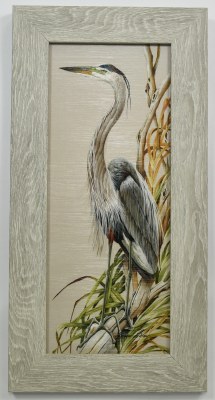20" x 10" Blue Heron Coastal Gel Textured Print in a Gray Wash Frame by Art LaMay