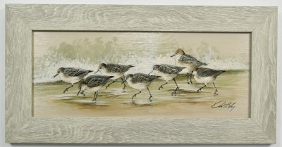 10" x 20" Seven Gray Sandpipers Coastal Gel Textured Print in a Gray Wash Frame by Art LaMay