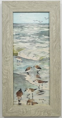 20" x 10" Six Sandpipers on the Beach Coastal Gel Textured Print in a Gray Wash Frame