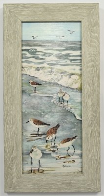 20" x 10" Seven Sandpipers on the Beach Coastal Gel Textured Print in a Gray Wash Frame