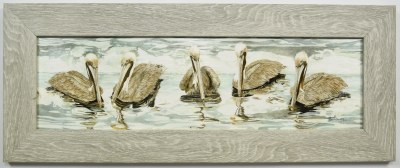 10" x 23" Five Brown Pelicans Coastal Gel Textured Print in a Gray Wash Frame